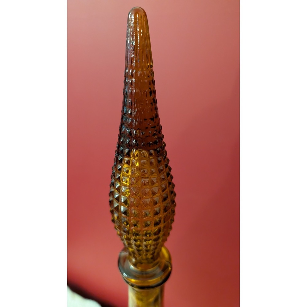 2 Vintage MCM Empoli Amber Diamond Point Glass Genie Bottle Decanter 22" Italy - Picture 11 of 16